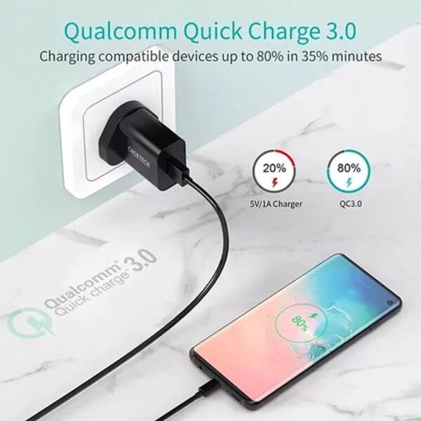 Choetech USB Charger, 18W USB Wall Charger Quick Charge 3.0 Fast Charging Travel Adapter Fast Charging with USB-A to C Cable – White –UK Plug - Image 3