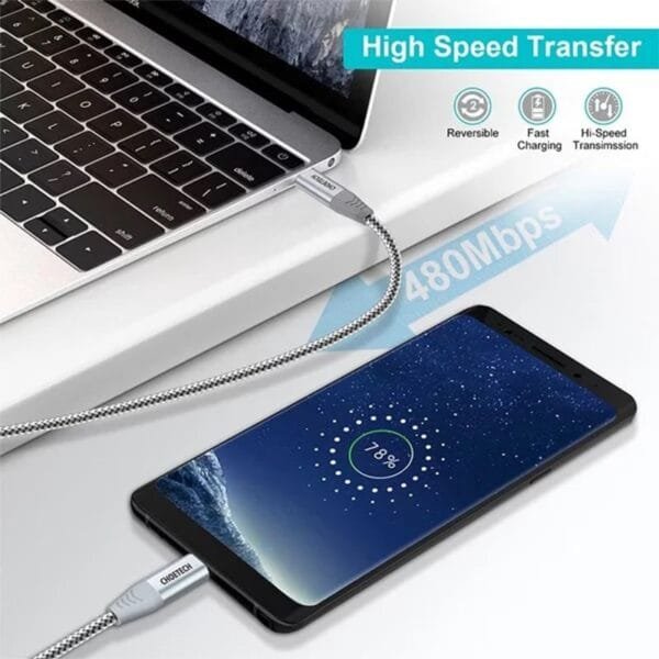 Choetech USB Type C to USB C Cable 60W Ultra Fast Charging USB C Nylon braided Cable for MacBook & Phones 2m – Silver - Image 4