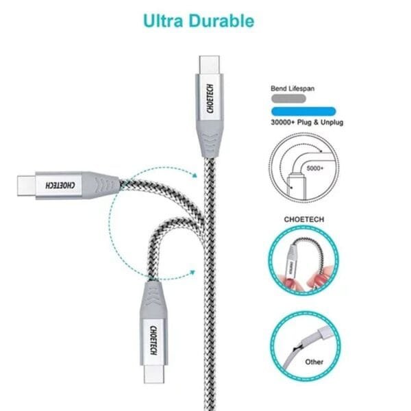 Choetech USB Type C to USB C Cable 60W Ultra Fast Charging USB C Nylon braided Cable for MacBook & Phones 2m – Silver - Image 2