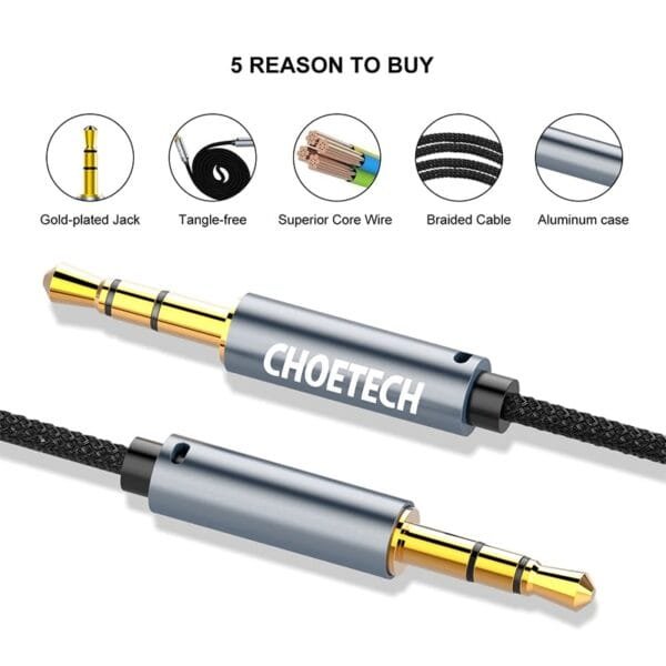 Choetech 3.5mm Male To Male Audio Gold Plated Aux Cable – Black - Image 2