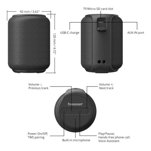 Tronsmart T6 Mini Bluetooth Speaker TWS Speakers IPX6 Wireless Portable Speaker with 360 Degree Surround Sound, Voice Assistant – BLACK - Image 6